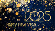 card or banner to wish a happy new year 2025 in gold with gold-colored circles and glitter in bokeh effect on a blue background