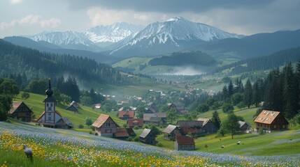 Poster - a small village in the middle of a green valley with mountains in the background and a few wildflowers in the foreground.