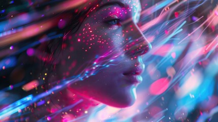 Wall Mural - Futuristic Digital Woman in Neon Light, ethereal digital portrait of a woman bathed in vibrant neon lights, embodying the intersection of technology and human essence in a metaverse context