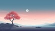 Serene Dusk: A Tranquil Landscape of a Blossoming Tree by the Calm Lake Under the Moonlight