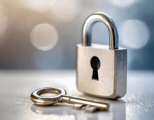 Metal padlock with a key on blurred background. Security and protection concept.