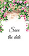 Climbing roses on a brick wall background, save the date card with copy space, Hand drawn watercolor illustration 