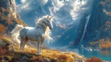 Majestic Unicorn in Autumnal Mountain Landscape by Lake