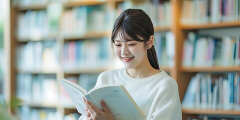 Wall Mural - A young woman in a white sweater is reading a book in a library with a serene and focused expression, embodying a tranquil and educational atmosphere.