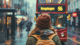 Fototapeta Londyn - female tourist backpacker looking at 2 storey or double-decker red bus in  London, England. Wanderlust concept.