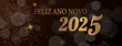 cartão ou banner para desejar um feliz ano novo 2025 em ouro sobre fundo preto com círculos de estrelas e glitter dourado em efeito bokeh