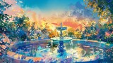 Fototapeta  - a romantic colorful garden with a fountain pond, blue sky, beautiful sundown