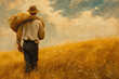 A man carrying a sack of wheat on his shoulder in a golden field