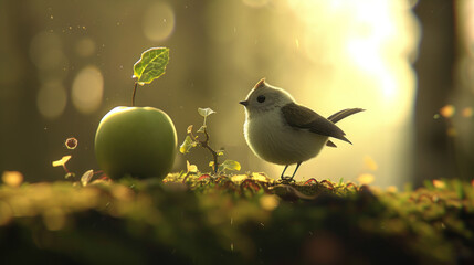 Poster - a small bird standing on top of a moss covered ground next to an apple and a leafy green apple.