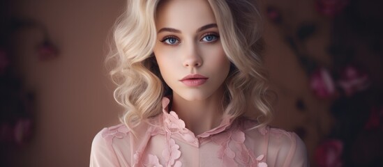 Poster - The woman with long layered blonde hair and stunning blue eyes is wearing a beautiful pink dress at the event. Her eyelashes accentuate her jawline and complement her overall look