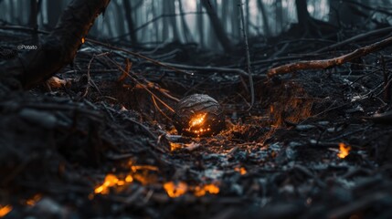 Sticker - a fire pit in the middle of a forest filled with lots of burned wood and branches, with a glowing ball in the middle of the middle of the fire.