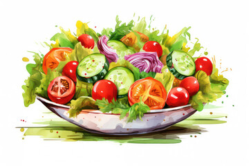 Fresh and Healthy Green Salad with Cucumber and Lettuce, a Delicious Vegetarian Meal in a Red Closeup Bowl on Organic Table, Bursting with Tasty Nutritious Ingredients