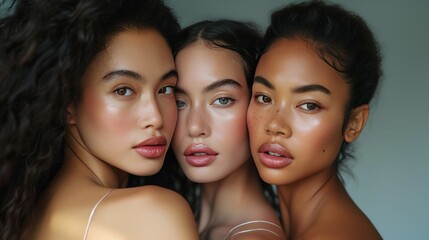 Poster - Studio headshot of beautiful multiethnic girls with natural beauty and glowing smooth skin.