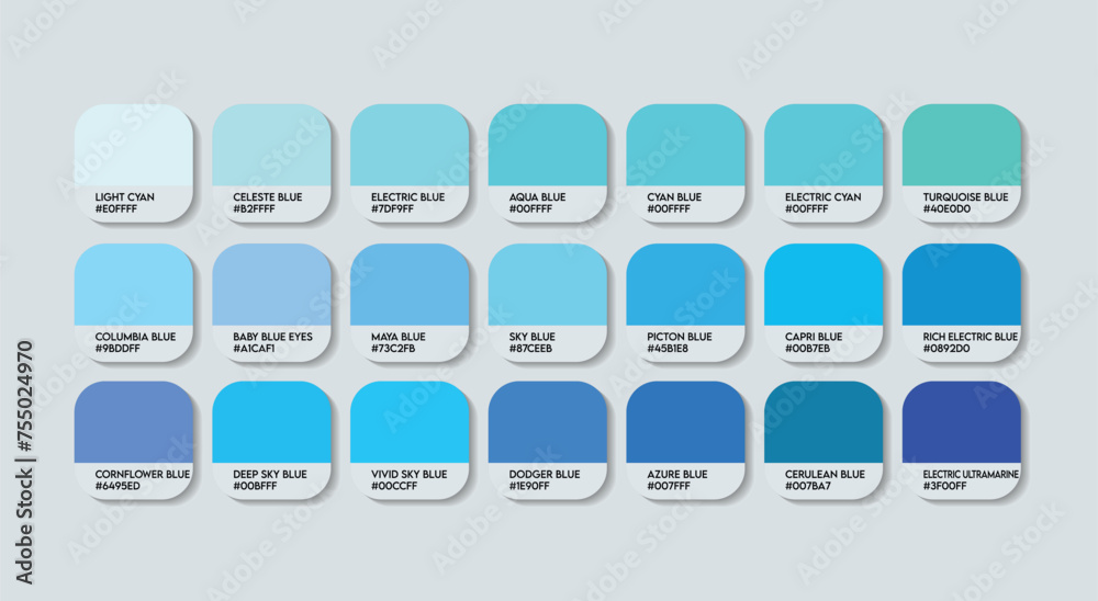 Light Blue Color Palette with Color Names. Catalog Samples Blue with ...