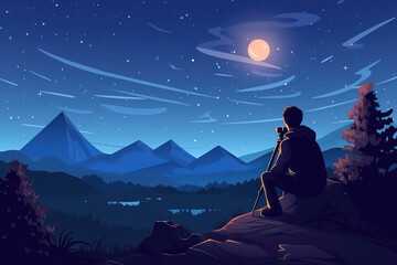 Wall Mural - Moonlit Mountains: A Majestic Nighttime Landscape Illustration