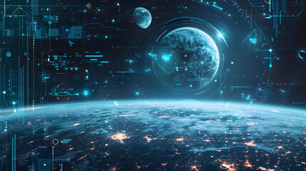 Poster - A futuristic digital landscape of space with planets and stars, featuring holographic displays showing data and cyberpunk elements, set against the backdrop of Earth in orbit