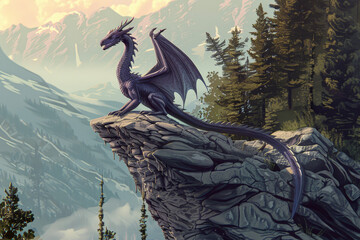 Sticker - A dragon perched on a rocky cliff, its wings unfurled. Each scale reflects the environment--mountain peaks, distant forests, and a cerulean sky.