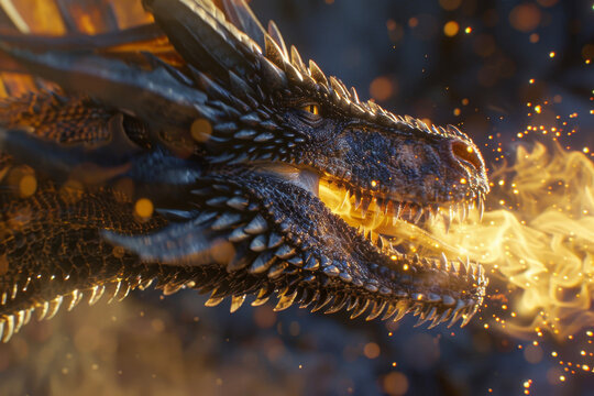 A dragon breath, captured mid-exhale. Flames emerge from its jaws, each flicker meticulously detailed.