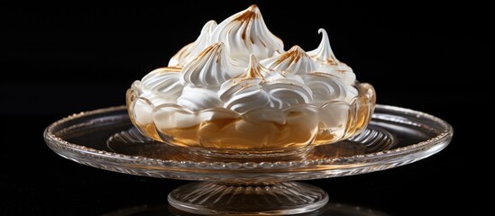 Poster - A delicate piece of meringue sits on a glass plate, a trendy fashion accessory for serving desserts, made with simple ingredients in a stylish serveware