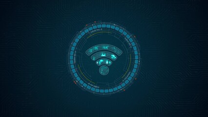 Poster - Motion graphic of Blue digital WIFI logo and circle futuristic HUD elements with data transfer and Wireless Fidelity connection concepts on circuit board abstract background