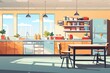 Illustration of an empty school or university kitchen with large windows and cooking utensils