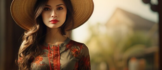 Poster - Elegant Woman in a Stylish Hat and Dress Embracing the Beauty of Nature