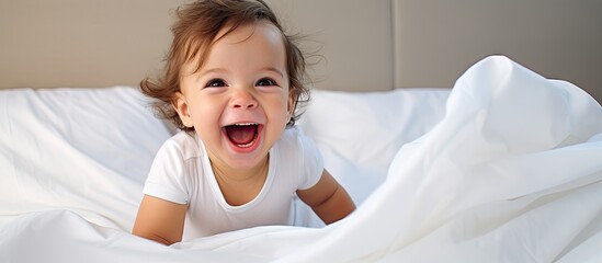 Poster - Serene Little Girl Resting in Bed with White Sheets, Peaceful Childhood Moments