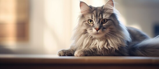 Poster - A Fluffy Feline Lounging on a Wooden Table Surrounded by Greenery and Sunlight