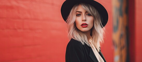 Poster - Stylish Blonde Woman in Black Hat Posing with Confidence and Elegance