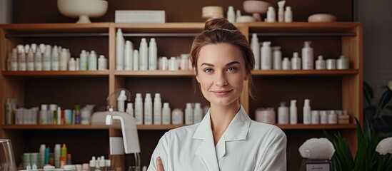Poster - Confident Female Scientist Examining Bottles in Laboratory Setting
