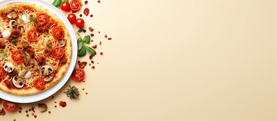 Poster - Delectable Plate of Pasta Featuring Savory Meat and Fresh Vegetables in an Appetizing Presentation