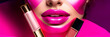 Close up view of beautiful woman lips with pink glossy lipstick. Open mouth with white teeth. Cosmetology, drugstore or fashion makeup concept. Beauty studio shot. Tube of hard pink pomade close up