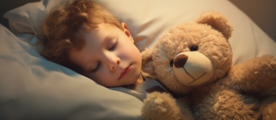 Aufkleber - Peaceful Rest: Serene Little Girl Dreaming Soundly Next to Her Trusty Teddy Bear