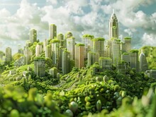 A thriving ecosystem and urban skyline on a small planet showcasing a vision of green urbanism