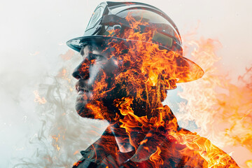 A portrait of a firefighter with a double exposure of a fire and a hose