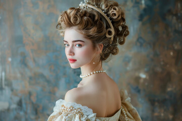 Wall Mural - A portrait of a woman from the 18th century. She's wearing a vintage dress with intricate lace detailing.