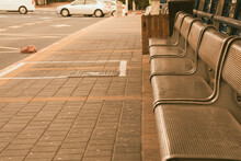 Sunlit Urban Bus Stop Scene In Tel Aviv With Empty Benches And A Clear Road, Conveying Tranquility In A City Setting