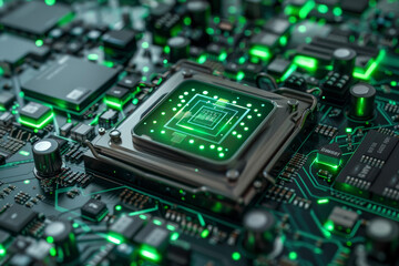 Poster - A processor with a green and silver design and a bio system on it