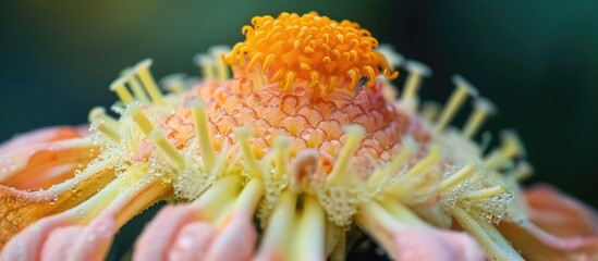 Poster - A macro photography shot of a terrestrial plant with a pink flower featuring a vibrant yellow center, which could inspire a new dish or recipe using edible flowers in cuisine