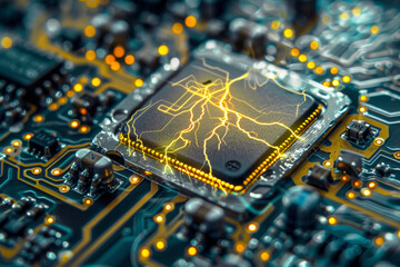 Poster - A processor with a yellow and silver design and a lightning system on it