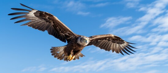 Poster - A majestic bald eagle, a member of the Accipitridae family and a carnivorous bird of prey, soars through the cloudy blue sky with its sharp beak in the Falconiformes order