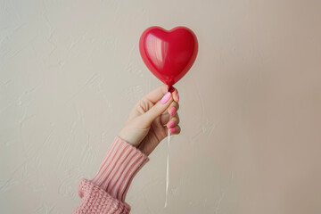 Wall Mural - A woman's hand holding a heart-shaped balloon, with short nails in a pink color and a heart design on her nails