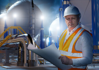 Poster - man industrialist near manufactory. plant technologist with construction documentation. guy is facto