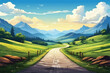 Beautiful road leading to Peaceful mountain area. Road landscape Illustration. Beautiful Landscape showing view of a road leading to hills. Nature Illustration. Beautiful summer field across road.