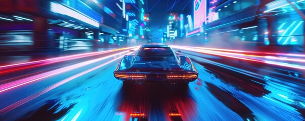 Futuristic neon sports car in motion