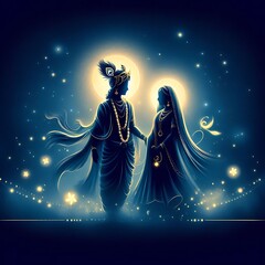 Wall Mural - Silhouette of Lord Krishna and Radha Rani in the Moon light