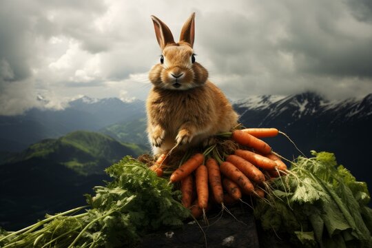 Fluffy Happy mountain rabbit with heap of carrots. Wild furry hare with veggies harvest in nature habitat. Generate ai
