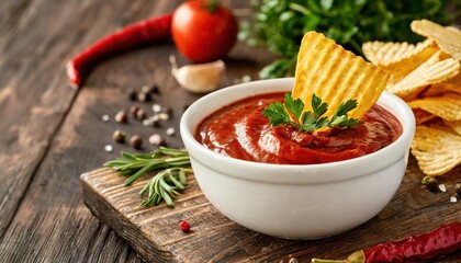 Red spicy sauce with chips and herbs, barbecue in a white cup