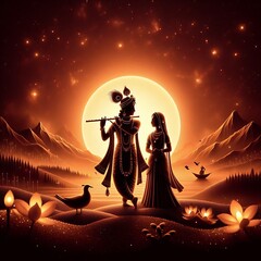 Wall Mural - Beautiful silhouette of lord Krishna and Goddess Radha 