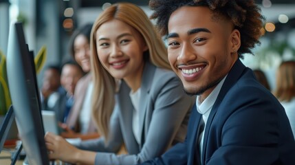 Wall Mural - group of happy multiethnic business people in formal wear gathered around computer in office  